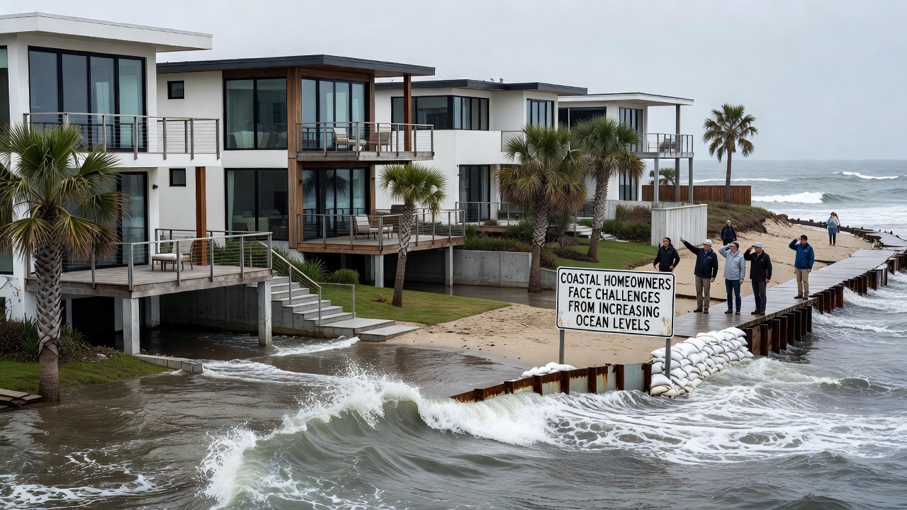 Elevated coastal residence with protective barriers and ongoing shoreline reinforcement work