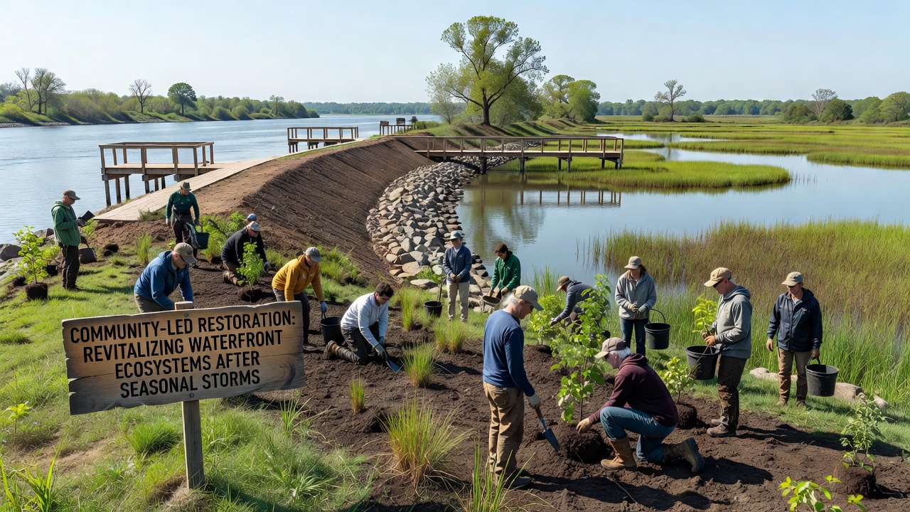 Volunteers installing oyster reef structures in shallow waters to improve water filtration and create habitat after storm impacts