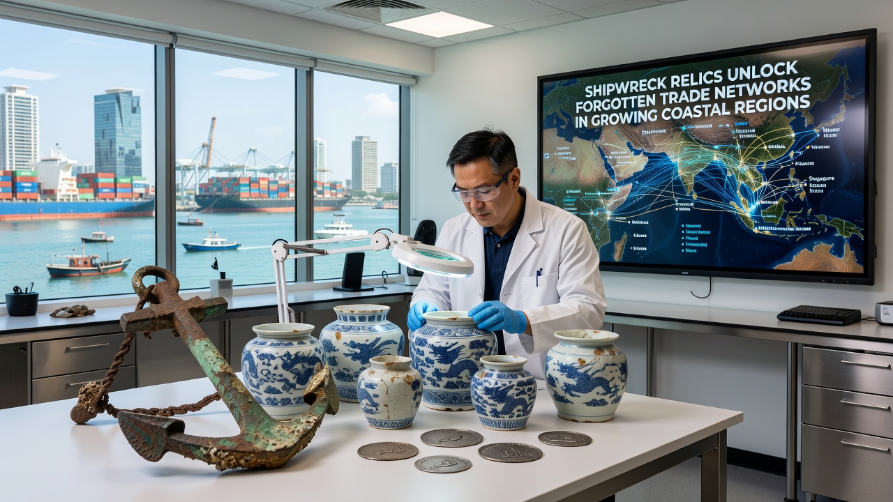 Conservators cataloguing brass astrolabe fragments and trade beads laid out on a laboratory table following recovery from a 17th-century vessel